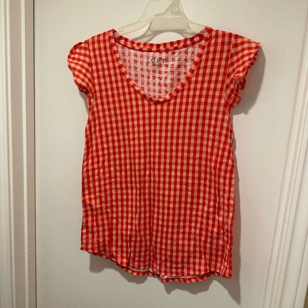 Ann Taylor Loft Red & White Checkered Print Short Sleeve Tee Shirt Top
